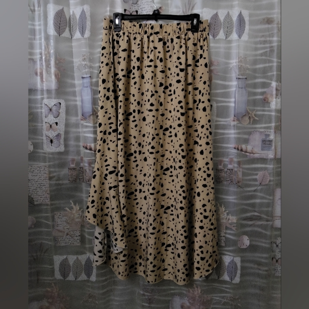 Shein Tannish Brown Black Leopard Print Asymmetric Ruffle Hem Midi Skirt Large - Picture 8 of 9